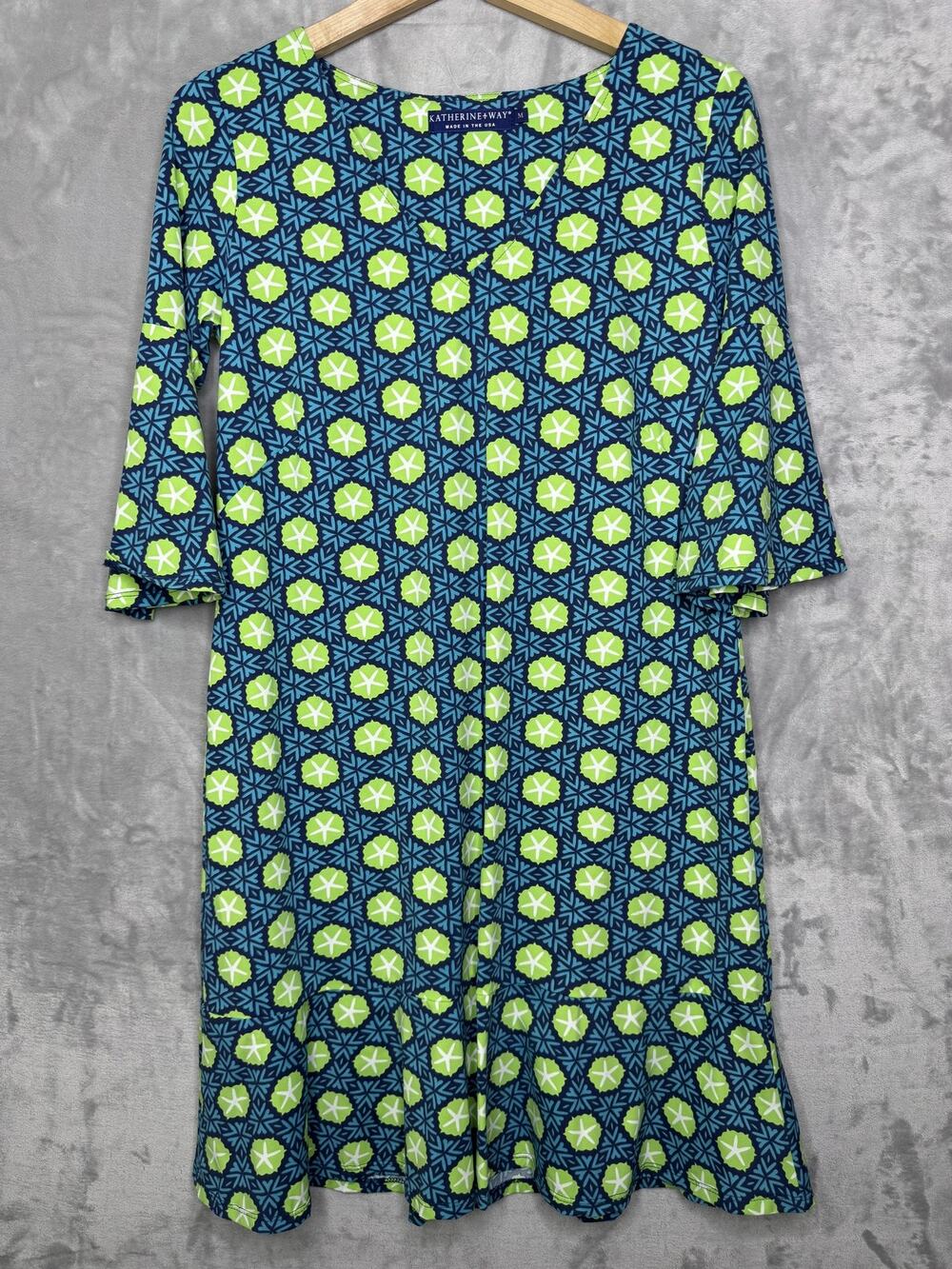 Katherine Way Dress Womens Medium Multicolor Geometric Shift Bell Sleeve Ruffle